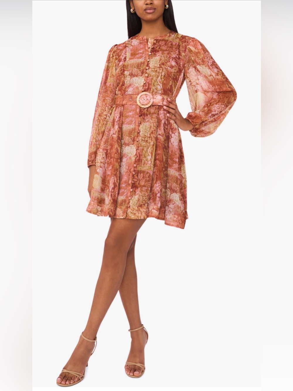 Halogen Floral Belted Midi Dress XXL Sheer Balloon Sleeve Pink Rust